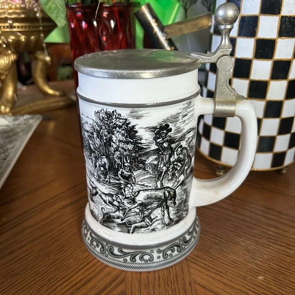 Vintage White Milk Glass German Beer Stein Mug with Pewter Lid